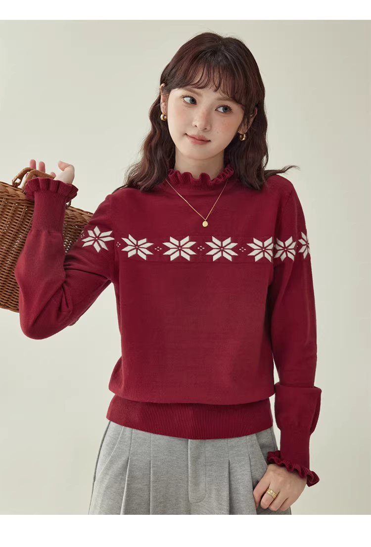 減齡紅色木耳邊雪花針織衫女冬新款內搭長袖上衣,減齡紅色木耳邊雪花針織衫女冬新款內搭長袖上衣,HBEW1152,減齡紅色木耳邊雪花針織衫女冬新款內搭長袖上衣,木耳邊,雪花針織