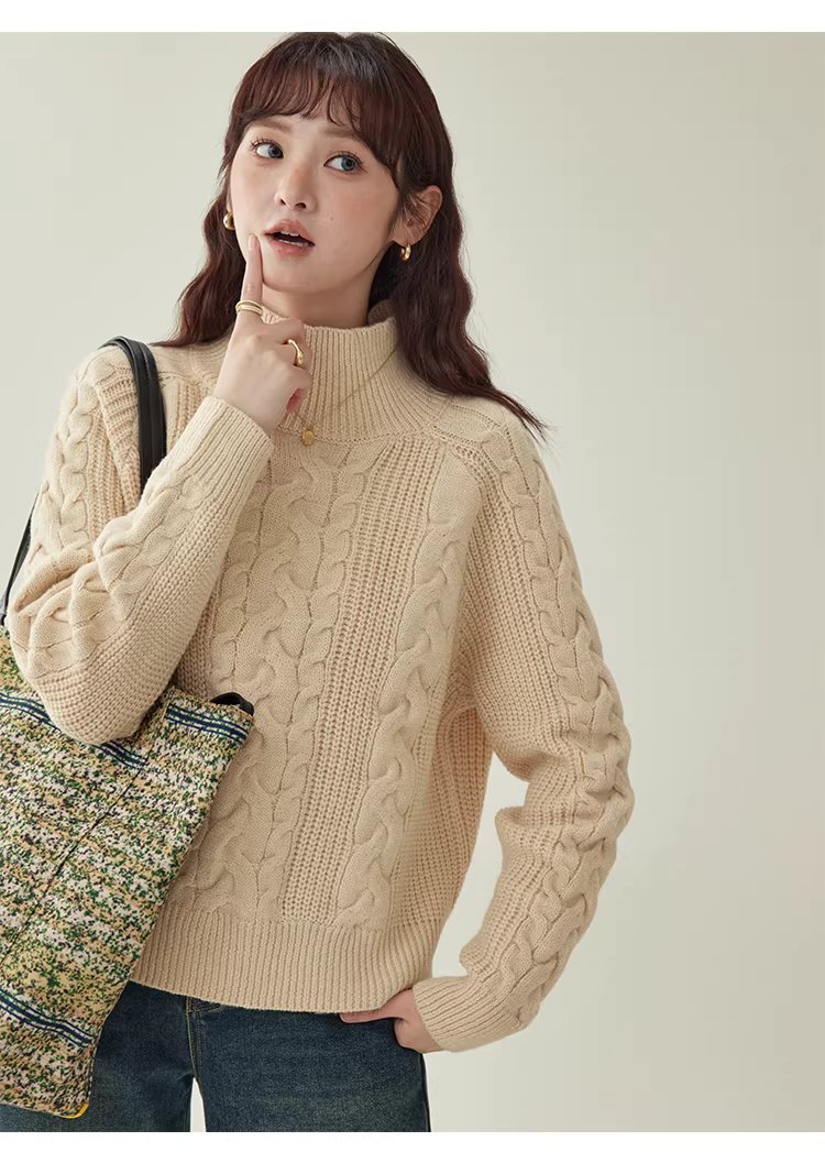 韓系杏色麻花高領毛衣女25冬季新款寬鬆長袖上衣,韓系杏色麻花高領毛衣女25冬季新款寬鬆長袖上衣,HBEW1156,韓系杏色麻花高領毛衣女25冬季新款寬鬆長袖上衣,高領毛衣,麻花針織