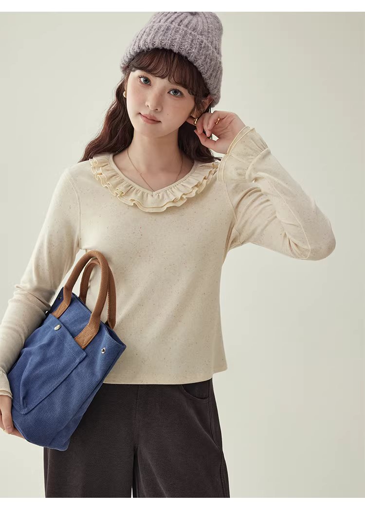 彩點荷葉邊v領厚T恤女冬季新款甜美打底長袖上衣,彩點荷葉邊v領厚T恤女冬季新款甜美打底長袖上衣,HBEW1186,彩點荷葉邊v領厚T恤女冬季新款甜美打底長袖上衣,荷葉邊領,彩點面料