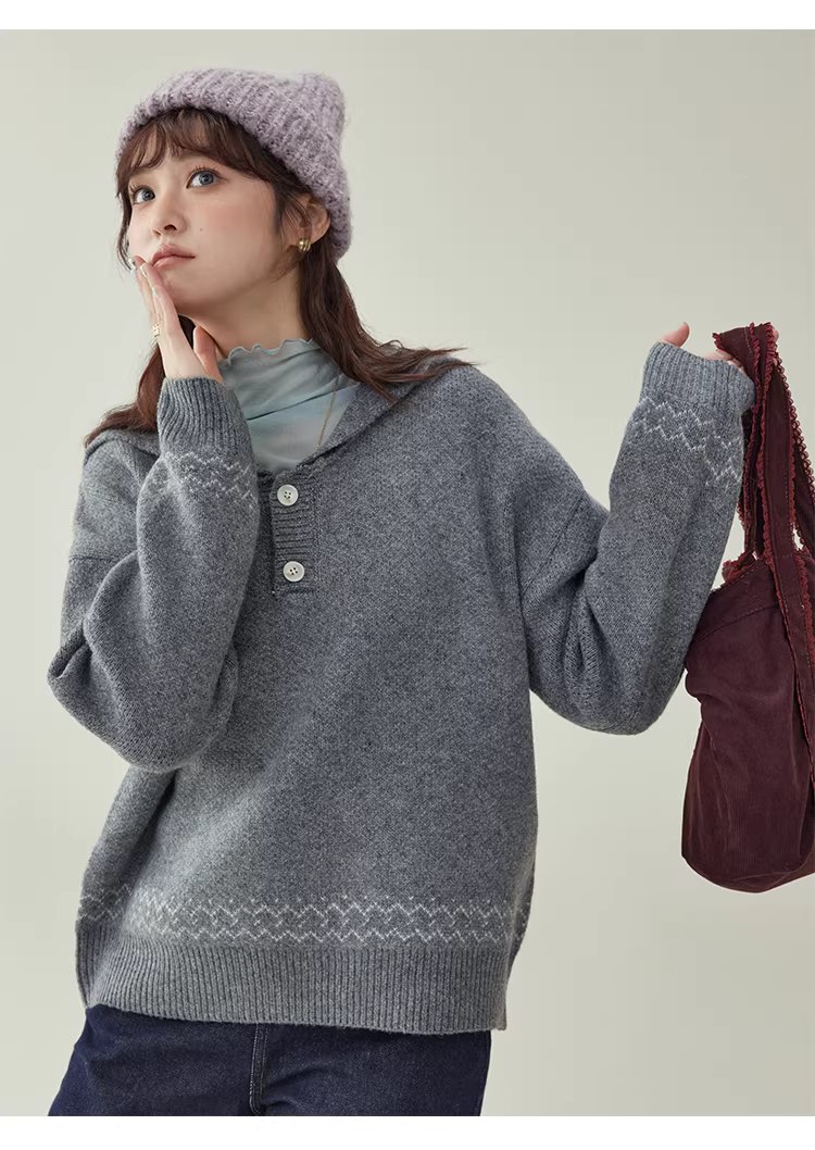 灰色提花海軍領毛衣女冬新款費爾島寬鬆長袖上衣,灰色提花海軍領毛衣女冬新款費爾島寬鬆長袖上衣,HBEW1191,灰色提花海軍領毛衣女冬新款費爾島寬鬆長袖上衣,海軍領,費爾島圖騰