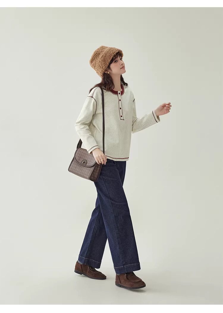 撞色反線落肩袖T恤女冬季新款半開扣圓領上衣,撞色反線落肩袖T恤女冬季新款半開扣圓領上衣,HBEW1192,撞色反線落肩袖T恤女冬季新款半開扣圓領上衣,半開排扣,舒適面料