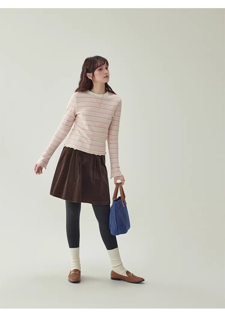 粉紅條紋花邊喇叭袖T恤女冬季新款修身內搭上衣,粉紅條紋花邊喇叭袖T恤女冬季新款修身內搭上衣,HBEW1195,粉紅條紋花邊喇叭袖T恤女冬季新款修身內搭上衣,橫紋設計,修身版型