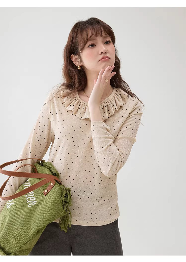 波點荷葉邊圓領T恤女春季新款薄款長袖內搭上衣,波點荷葉邊圓領T恤女春季新款薄款長袖內搭上衣,HBFS1010,波點荷葉邊圓領T恤女春季新款薄款長袖內搭上衣,荷葉邊領,復古波點