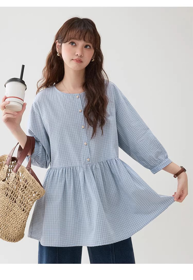 減齡八分袖純棉藍格襯衫女春新款寬鬆娃娃衫上衣,減齡八分袖純棉藍格襯衫女春新款寬鬆娃娃衫上衣,HBFS1039,減齡八分袖純棉藍格襯衫女春新款寬鬆娃娃衫上衣,清新格紋,全棉面料
