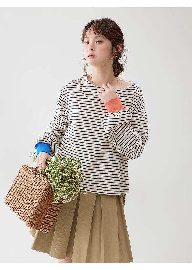 撞色條紋燈籠袖純棉T恤女春季新款寬鬆百搭上衣,撞色條紋燈籠袖純棉T恤女春季新款寬鬆百搭上衣,HBFS1042,撞色條紋燈籠袖純棉T恤女春季新款寬鬆百搭上衣,撞色拼接,全棉面料