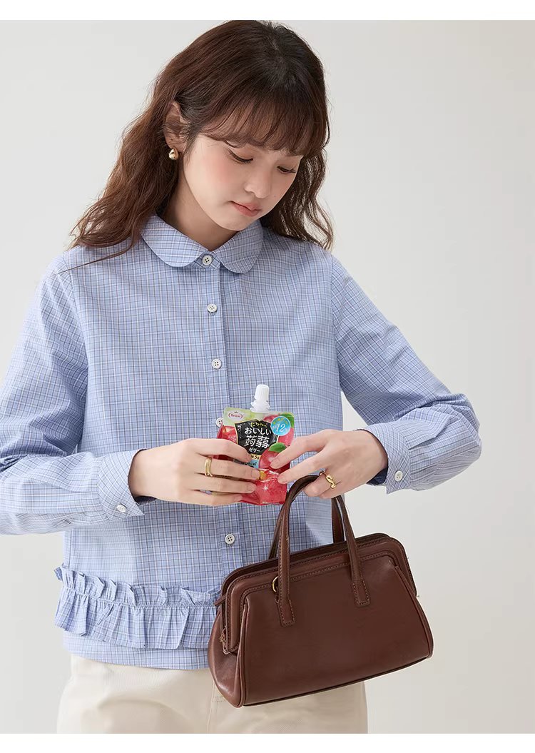 藍格荷葉邊娃娃領襯衫女春季新款純棉長袖短上衣,藍格荷葉邊娃娃領襯衫女春季新款純棉長袖短上衣,HBFS1049,藍格荷葉邊娃娃領襯衫女春季新款純棉長袖短上衣,荷葉衣襬,全棉面料