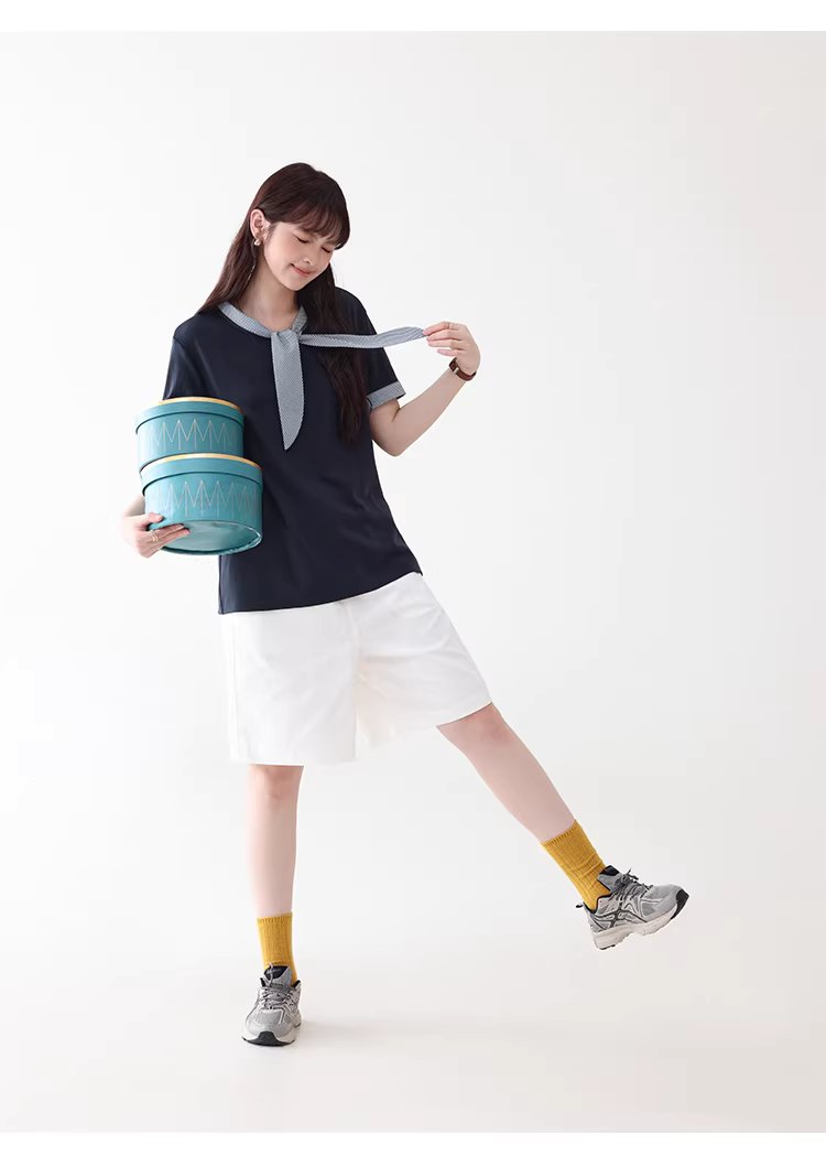 拼接格紋綁帶領短袖T恤女夏季新款時尚減齡上衣,拼接格紋綁帶領短袖T恤女夏季新款時尚減齡上衣,HBFS1053,拼接格紋綁帶領短袖T恤女夏季新款時尚減齡上衣,領結造型,舒適面料