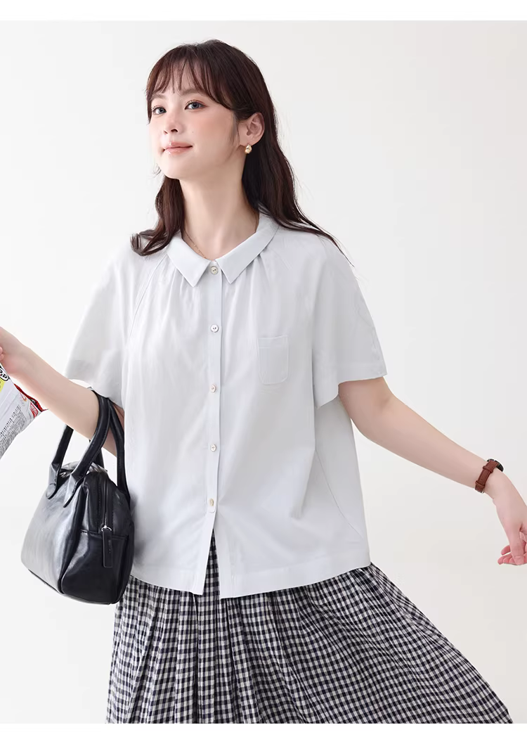 法式純色小翻領短袖襯衫女夏新款單排扣寬鬆上衣,法式純色小翻領短袖襯衫女夏新款單排扣寬鬆上衣,HBFS1086,法式純色小翻領短袖襯衫女夏新款單排扣寬鬆上衣,法式甜美,天絲100%