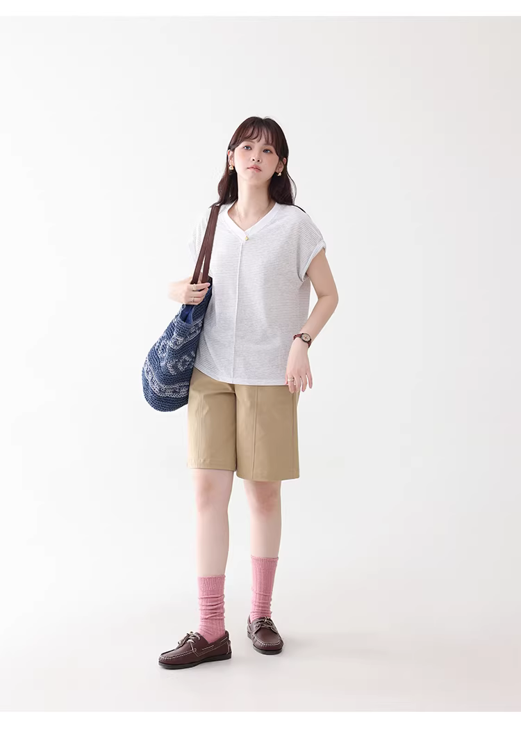 拼色條紋v領短袖T恤女夏季新款簡約寬鬆百搭上衣,拼色條紋v領短袖T恤女夏季新款簡約寬鬆百搭上衣,HBFS1097,拼色條紋v領短袖T恤女夏季新款簡約寬鬆百搭上衣,V領造型,舒適面料