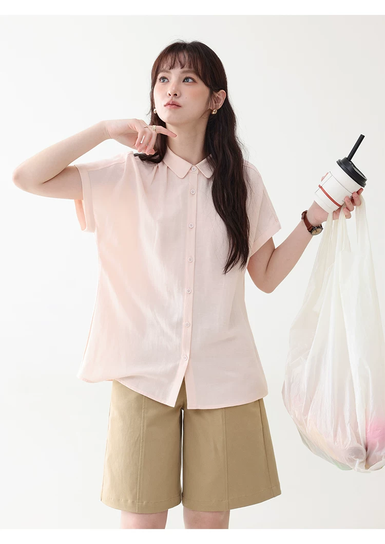 甜美純色小翻領短袖襯衫女夏新款寬鬆單排扣上衣,襯衫,韓系女裝,甜美純色小翻領短袖襯衫女夏新款寬鬆單排扣上衣,HBFS1100,甜美純色小翻領短袖襯衫女夏新款寬鬆單排扣上衣