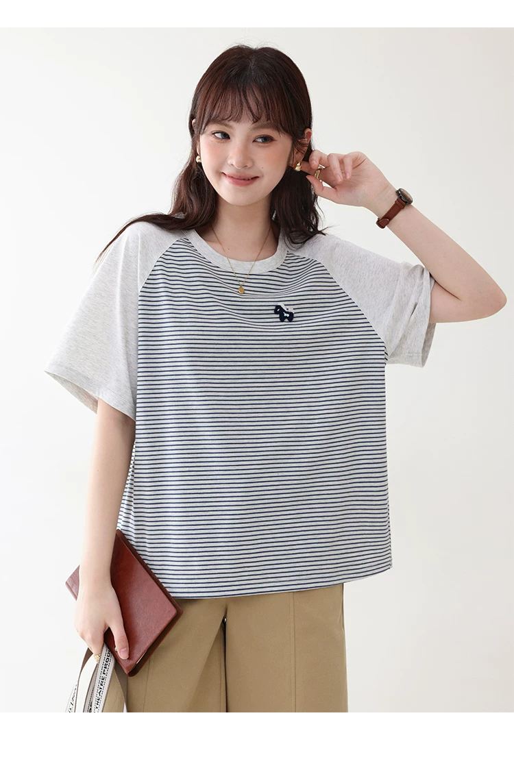 日繫條紋插肩袖小馬T恤女夏季新款寬鬆顯瘦上衣,HBFS1101,日繫條紋插肩袖小馬T恤女夏季新款寬鬆顯瘦上衣,橫紋設計,寬鬆舒適,插肩袖
