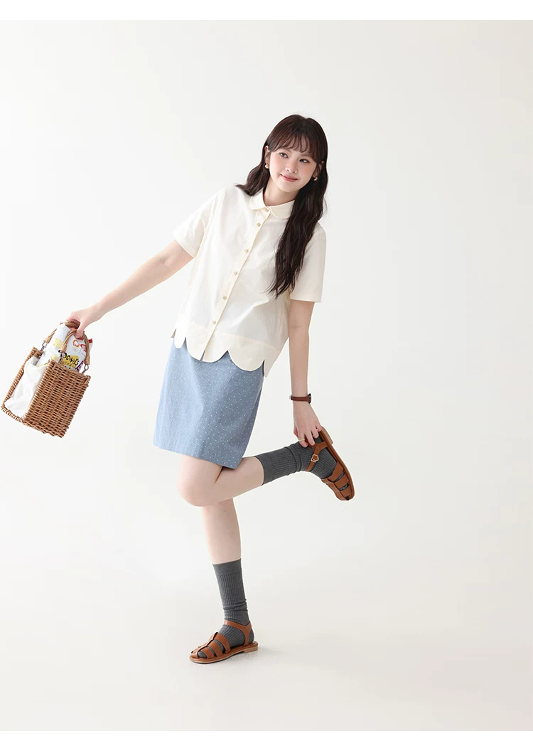 設計感波浪下擺純棉襯衫女夏新款減齡娃娃領上衣,設計感波浪下擺純棉襯衫女夏新款減齡娃娃領上衣,HBFS1112,設計感波浪下擺純棉襯衫女夏新款減齡娃娃領上衣,花邊衣襬,全棉面料