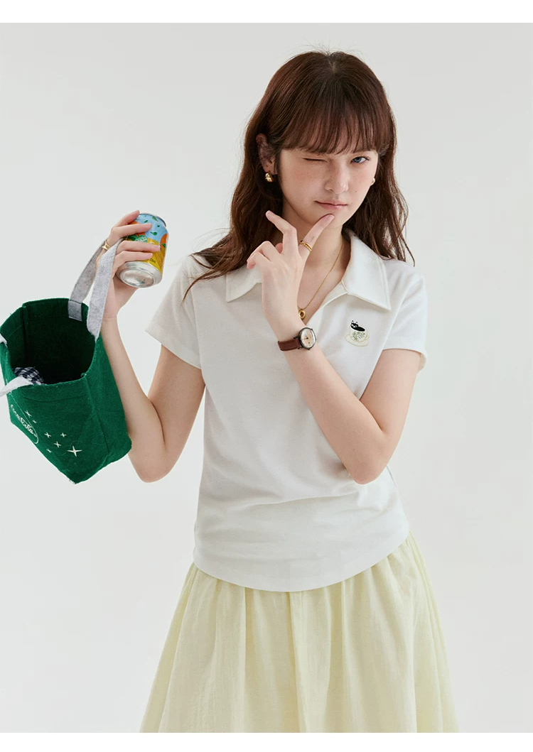 茶杯貓繡花短款麻感T恤女夏新款韓系短袖上衣,茶杯貓繡花短款麻感T恤女夏新款韓系短袖上衣,HBFS1271,茶杯貓繡花短款麻感T恤女夏新款韓系短袖上衣,半開翻領,刺繡細節