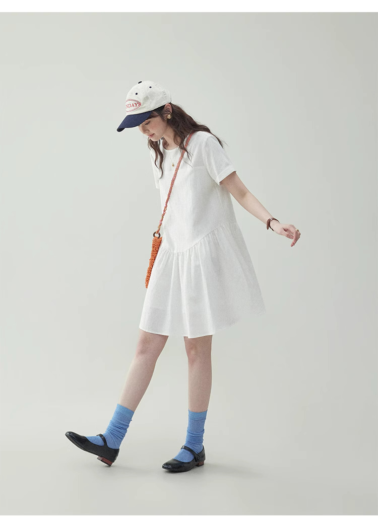 法式白色寬鬆短袖連身裙女25夏季新款小個子短裙