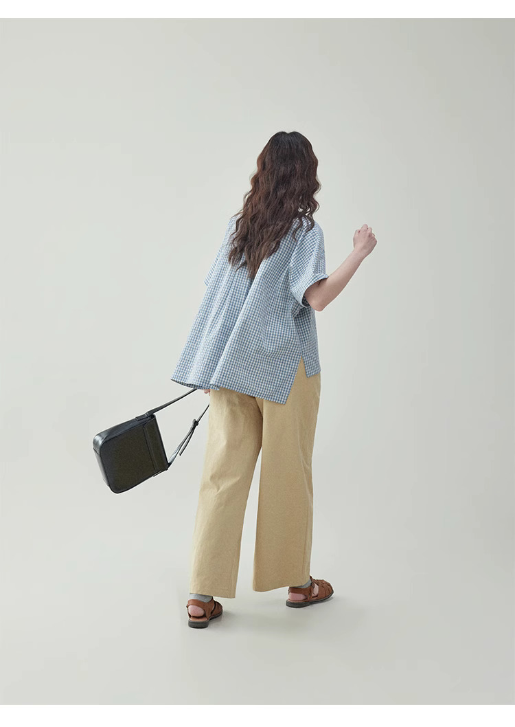 藍格紋不規則蝙蝠袖襯衫女夏季新款寬鬆套頭上衣
