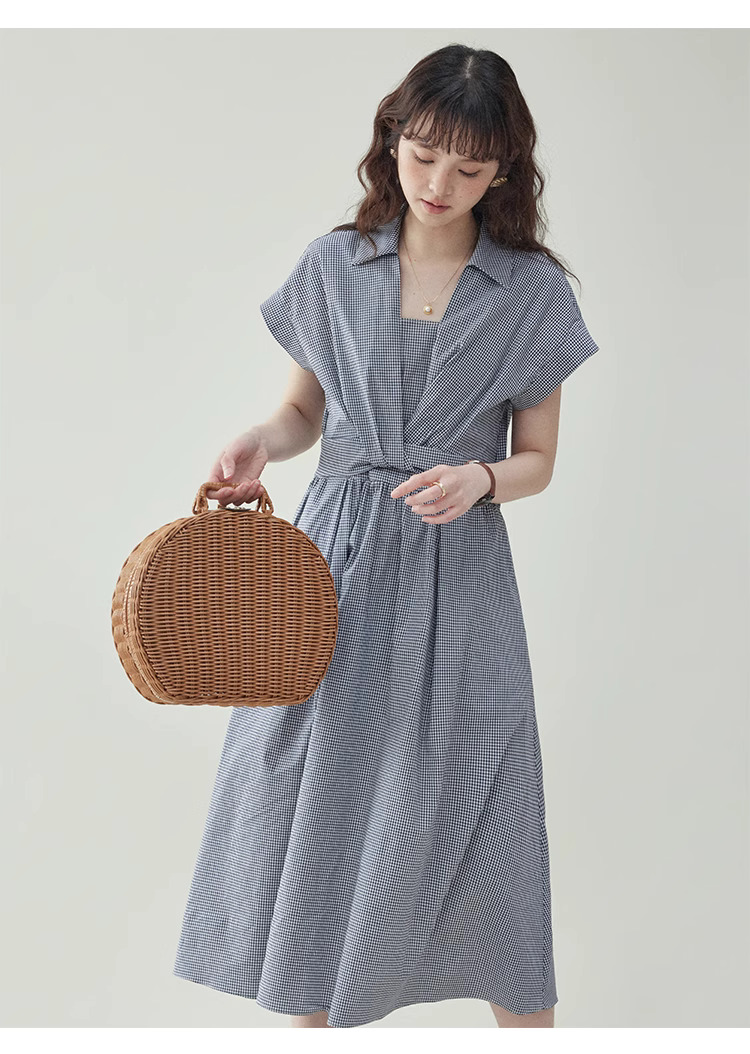 黑白格紋扭結短袖連身裙女夏季新款收腰a字中裙