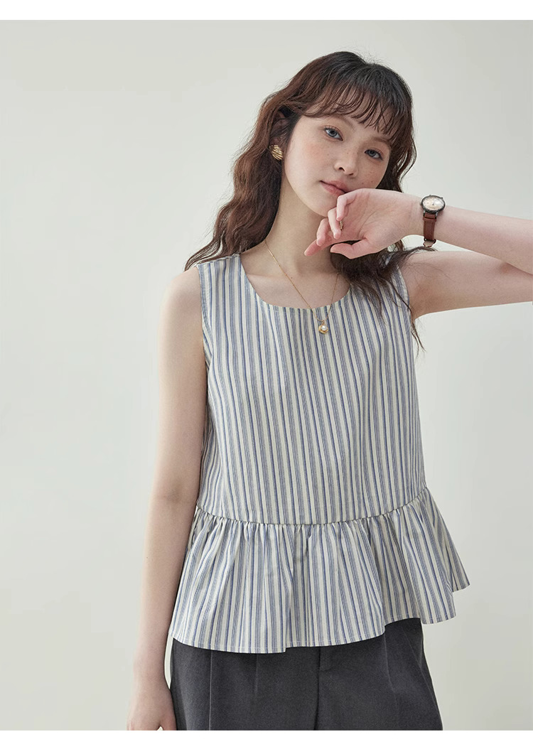 豎條紋無袖純棉娃娃襯衫女夏季新款寬鬆背心上衣