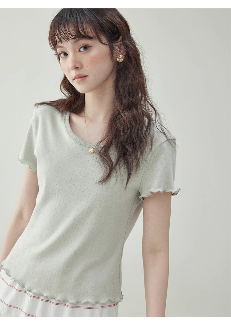 木耳邊純棉短袖提花t卹女夏新款純色短上衣