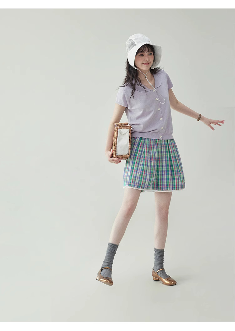 溫柔紫色娃娃v領針織衫女夏季新款短袖扣上衣