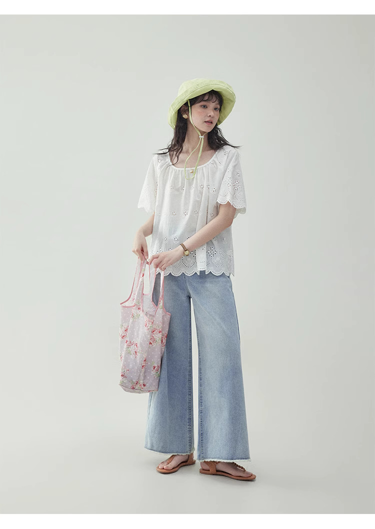 法式鏤空花邊純棉白襯衫女夏季新款寬鬆短袖上衣