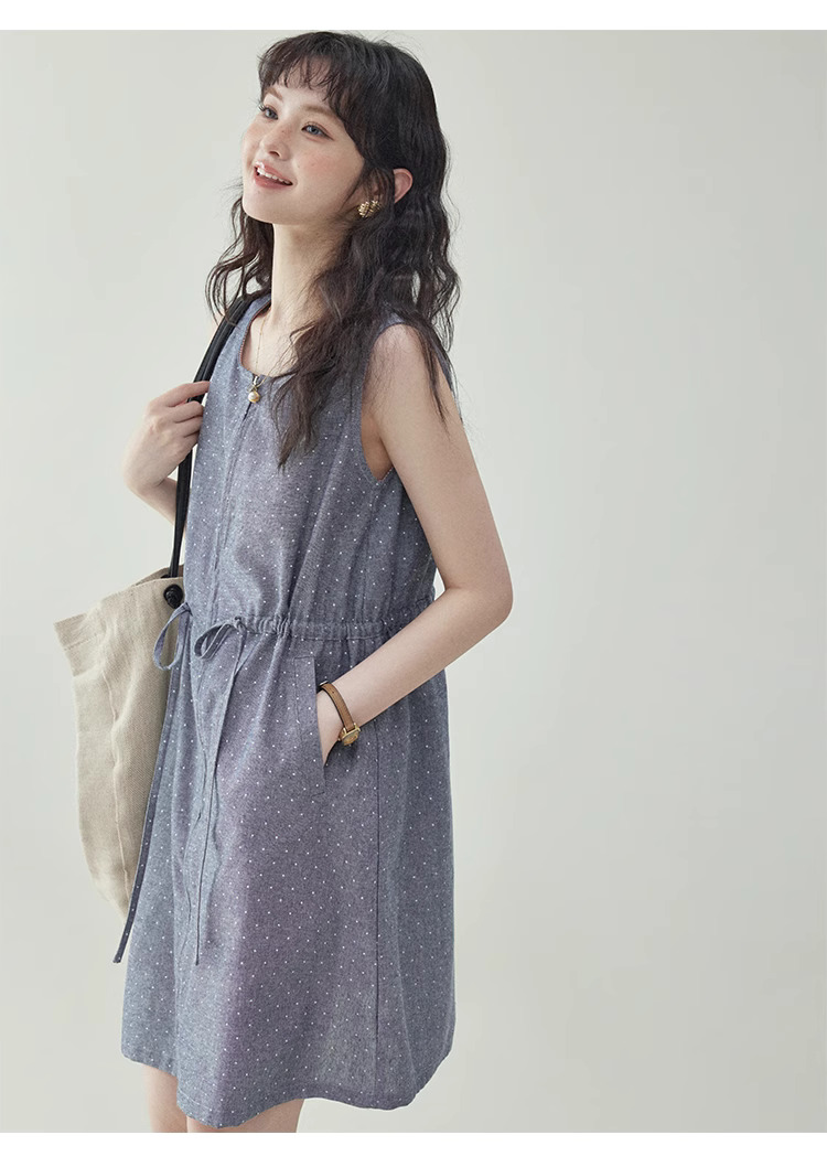 韓系波點無袖拉鍊洋裝女夏季新款抽繩背心短裙