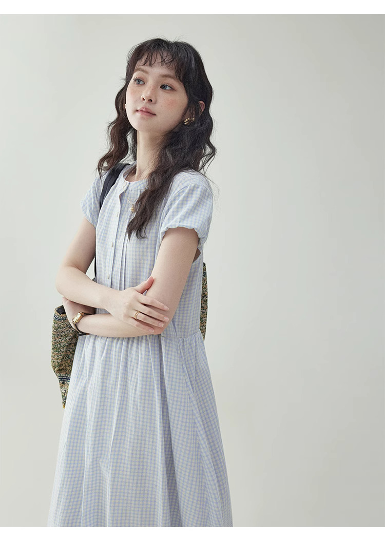 藍格紋花苞袖純棉洋裝女夏季新款寬鬆減齡長裙