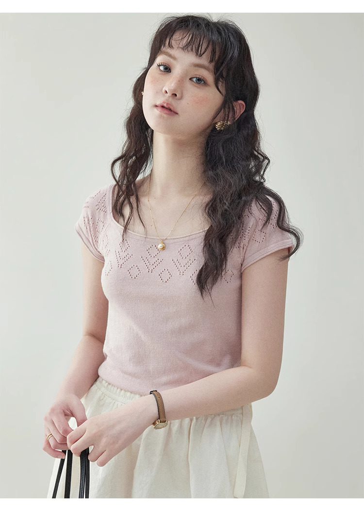 純色鏤空低圓領針織T恤女款夏季新款修身短袖上衣