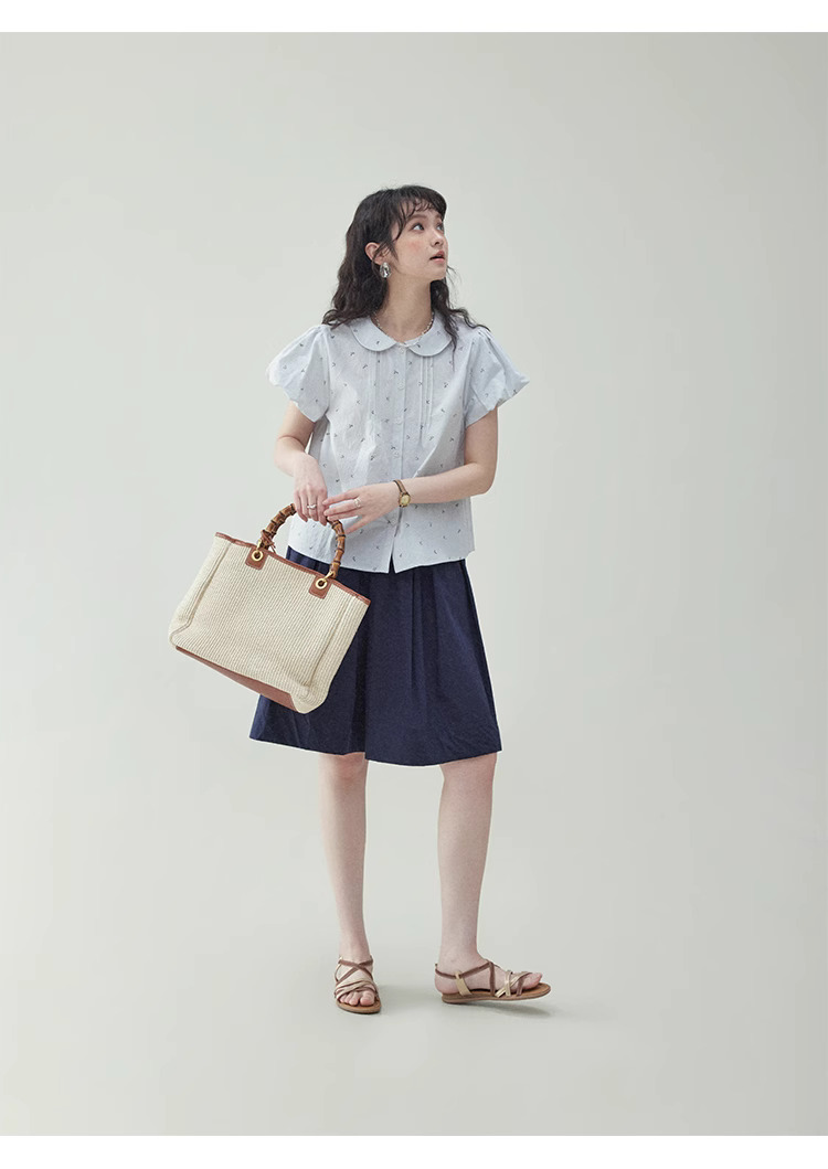 甜美泡泡袖純棉小花襯衫女夏季娃娃領單排扣上衣