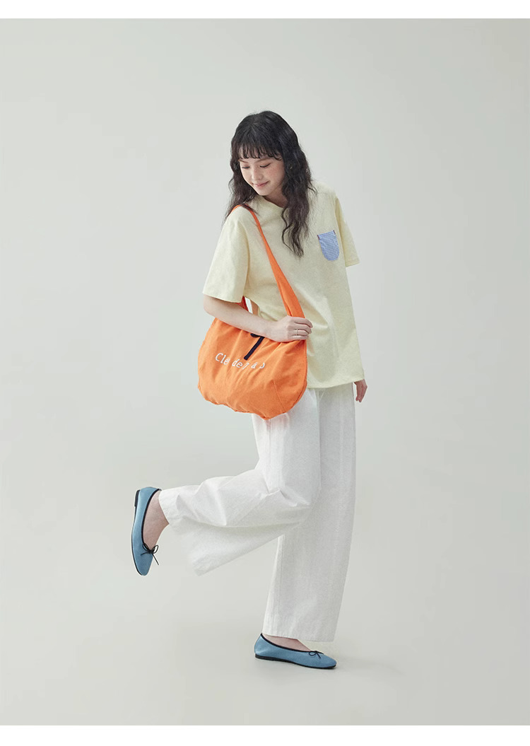 奶黃色藍格口袋純棉T恤女夏季新款減齡短袖上衣
