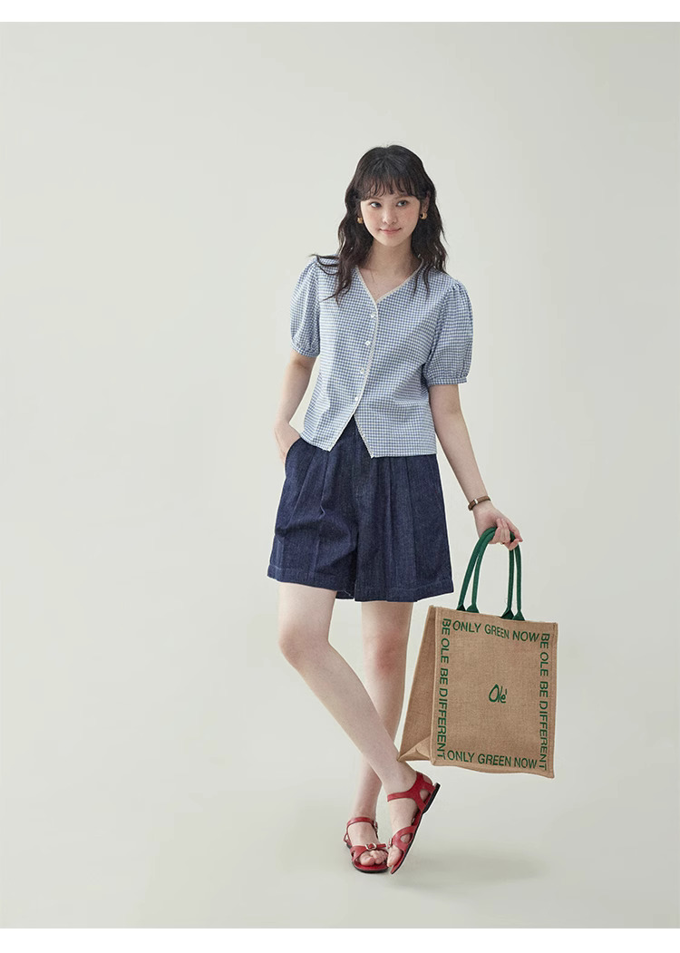 藍格泡泡袖短版純棉襯衫女夏季新款甜美寬鬆上衣