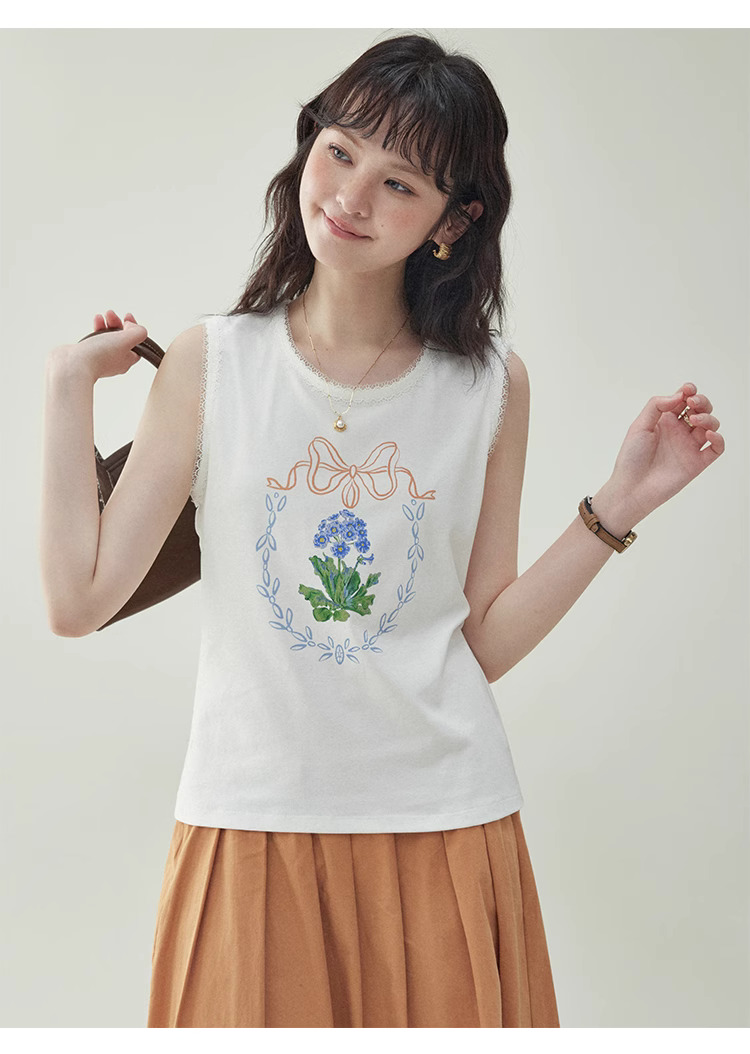 韓系花朵印花背心T恤女25夏季新款蕾絲無袖上衣