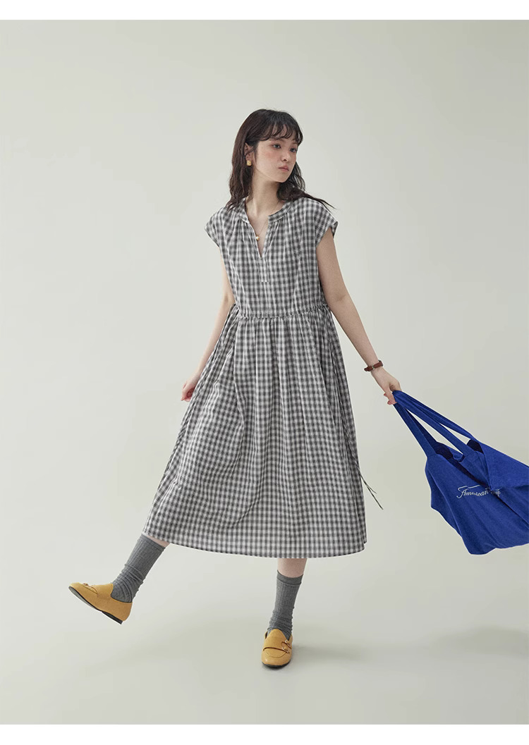 黑格抽繩v領純棉洋裝女夏季新款a字短袖中長裙