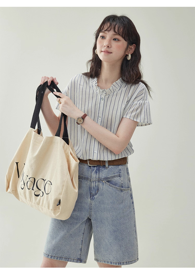 清爽豎紋花邊領短袖襯衫女夏季新款純棉寬鬆上衣