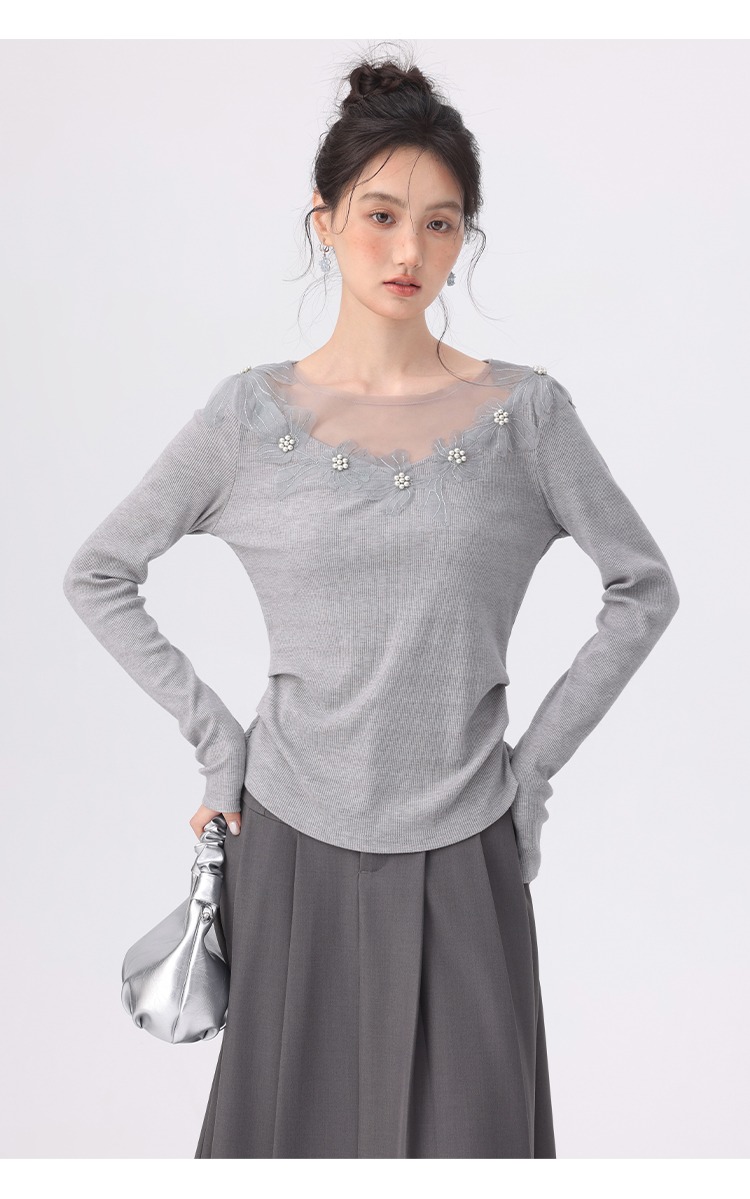 大尺碼女裝正肩長袖t恤穿搭微胖蕾絲花朵上衣