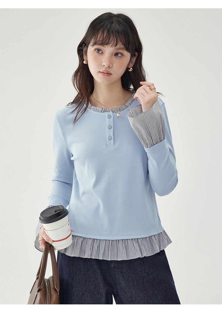 撞色拼接襯衫喇叭袖t卹女秋季新款寬鬆長袖上衣