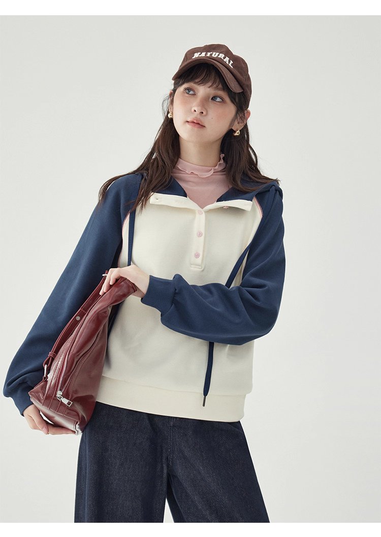 撞色插肩長袖連帽衛衣T恤女25秋季新款減齡上衣