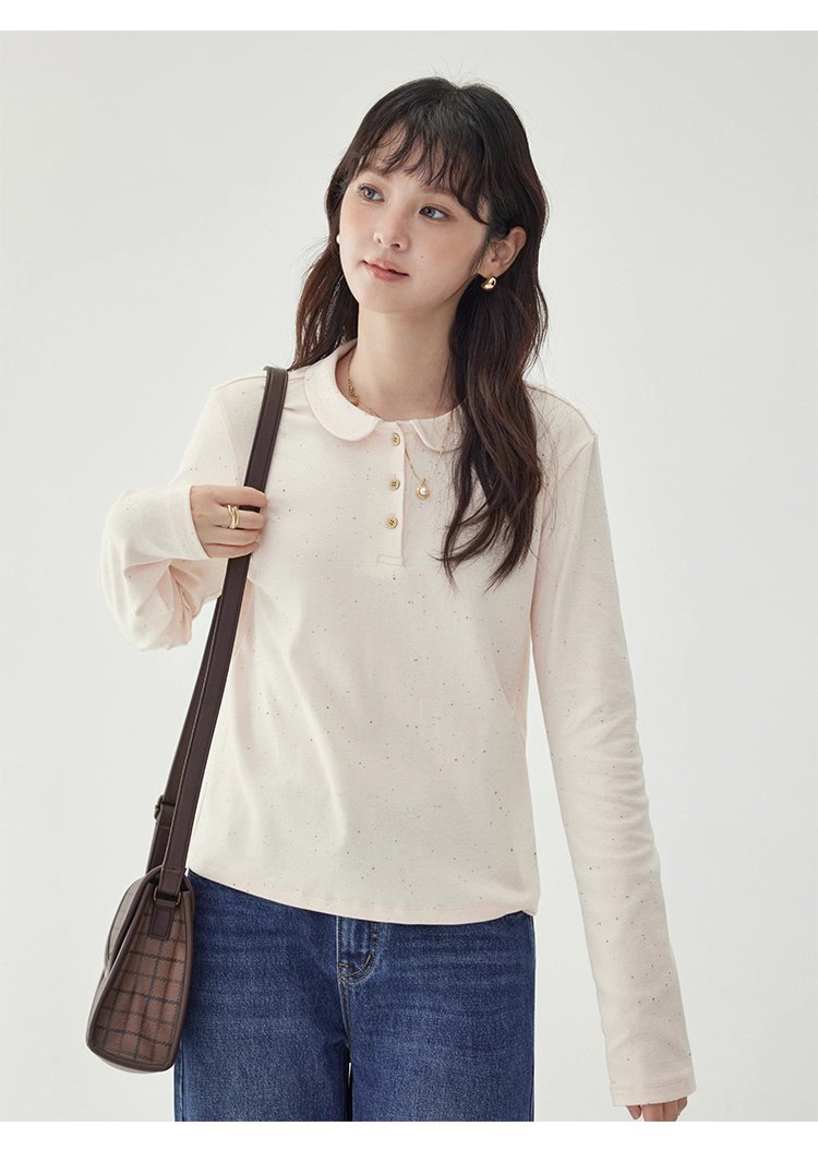 彩點小翻領長袖T恤女秋季新款時尚百搭上衣