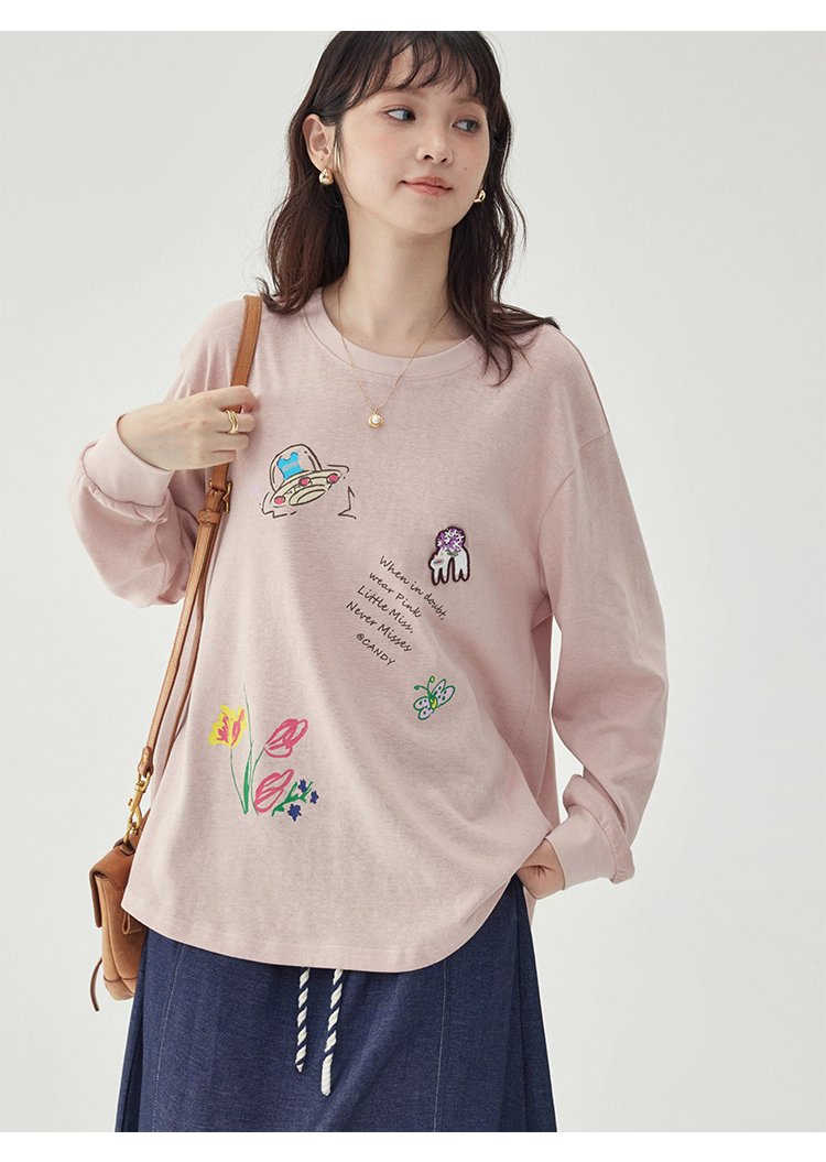 減齡印花落肩長袖粉紅T恤女秋新款寬鬆百搭上衣