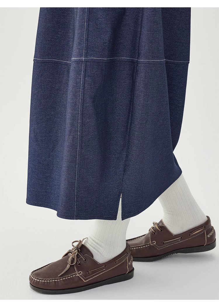 藍色鬆緊腰a字半身裙女秋季新款百搭抽繩中長裙