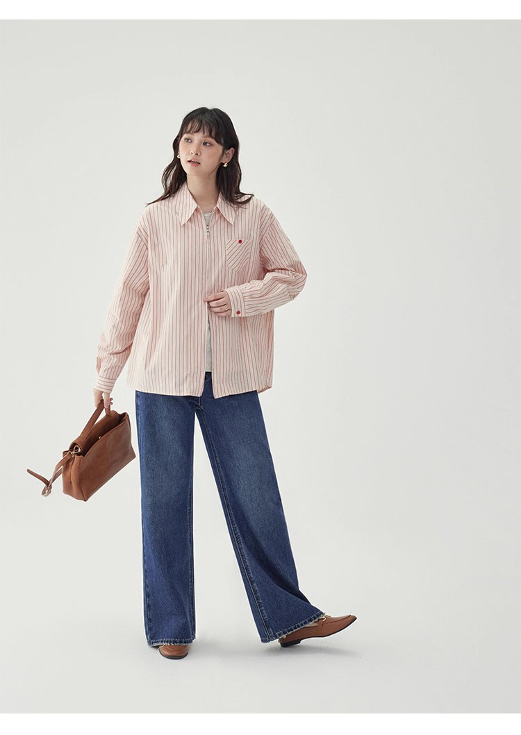 粉紅色圖案雙拉鍊長袖襯衫女秋季新款純棉外套上衣