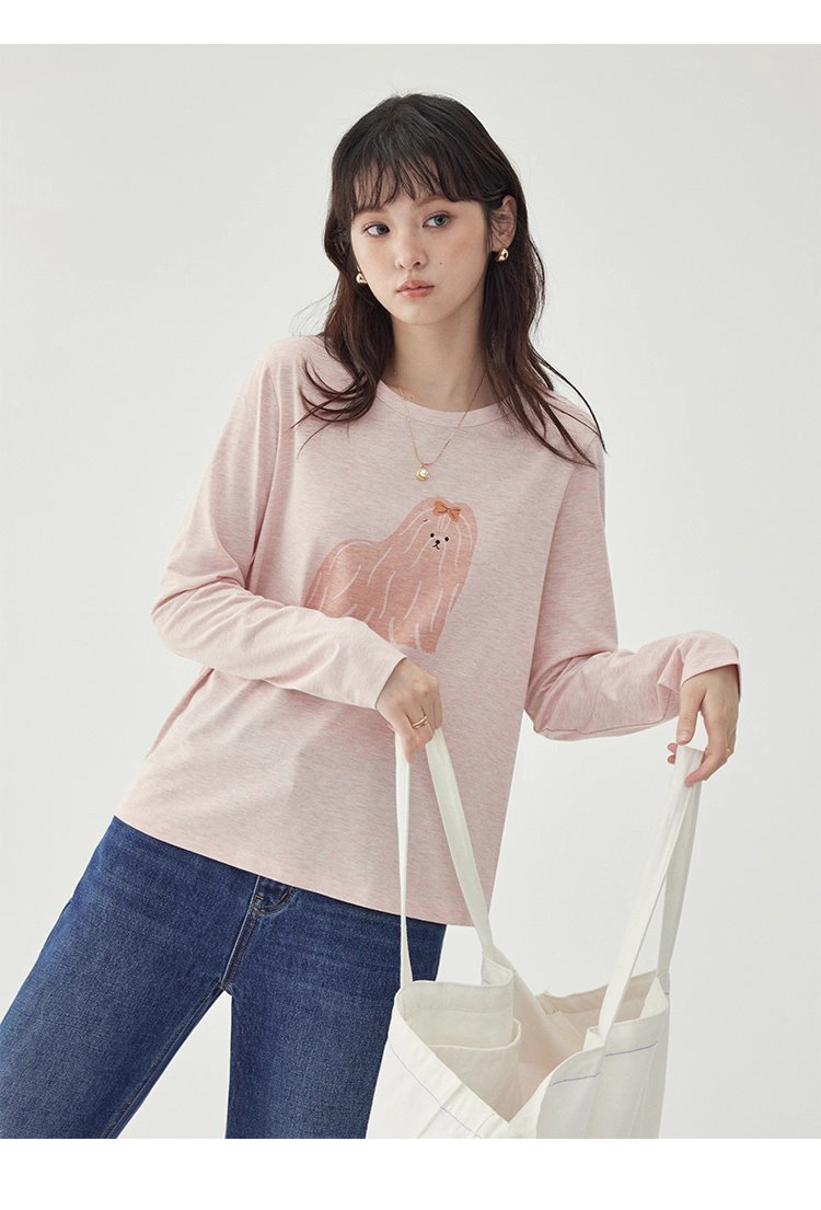 粉紅小狗印花長袖T恤女25秋季全新寬鬆減齡上衣
