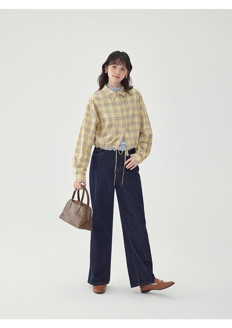 黃格單排扣抽繩下擺襯衫女秋季新款純棉長袖上衣