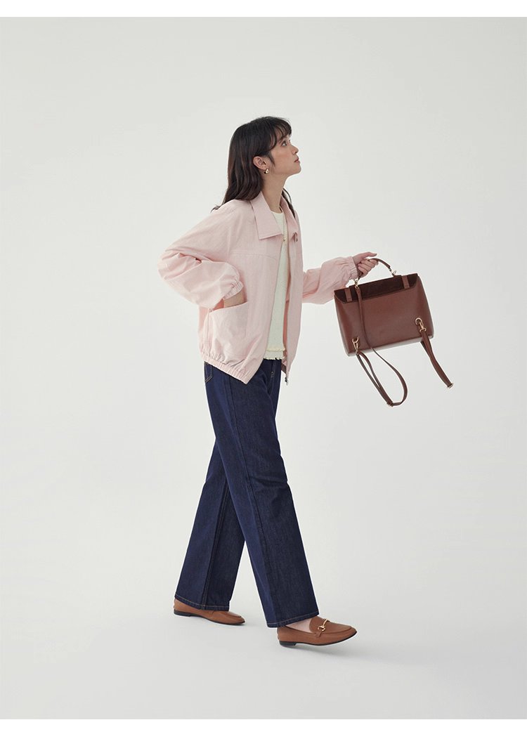 少女感粉紅拉鍊長袖外套女秋季新款翻領短版上衣