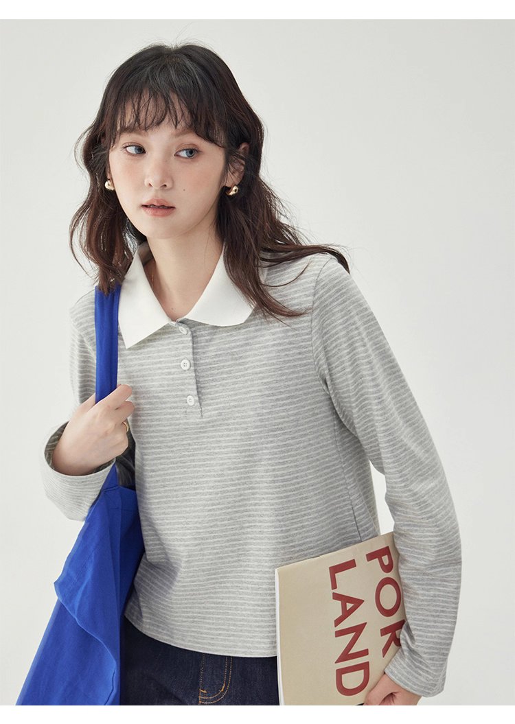 灰色條紋polo半開領t卹女秋季新款寬鬆長袖上衣