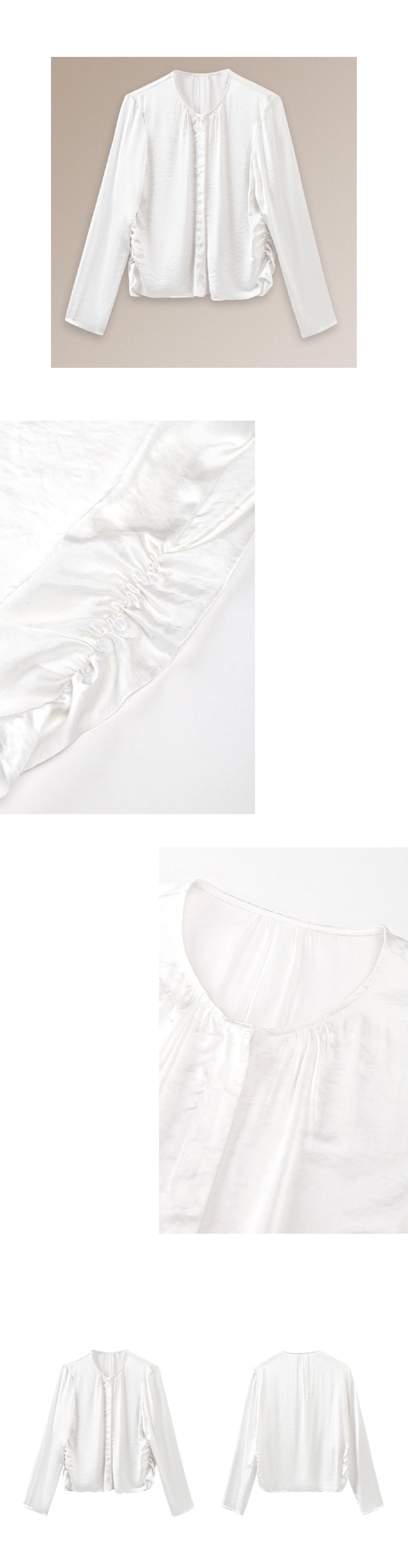 貴氣緞面質感光澤圓領褶皺寬鬆顯瘦通勤襯衫長袖上衣女