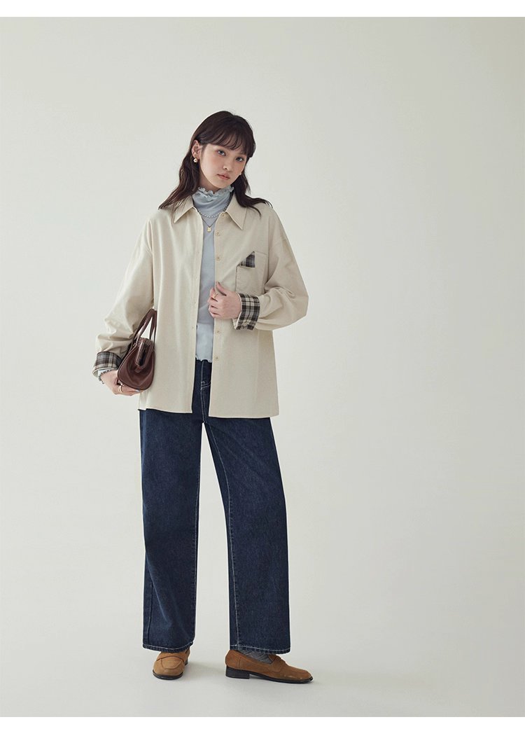 撞色格紋燈芯絨長袖襯衫女秋季新款翻領外套上衣