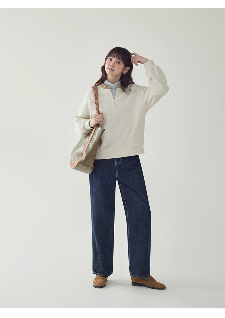 撞色彩點半開拉鍊衛衣T恤女秋季新款插肩袖上衣