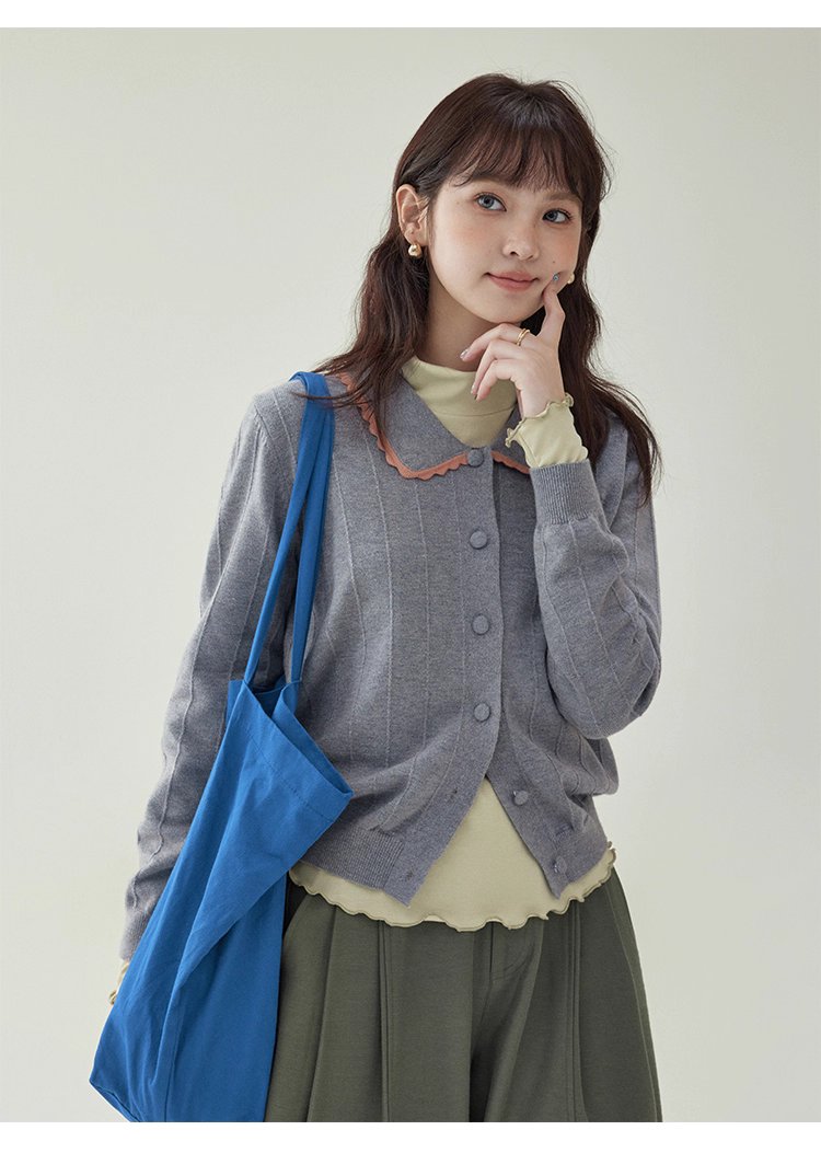 韓系撞色翻領針織開襟衫女秋季新款單排扣長袖上衣