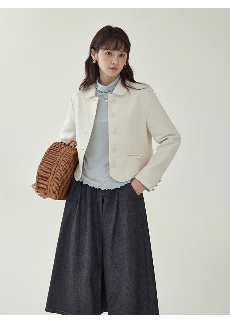 小香風純色單排扣短外套女秋新款波浪擺長袖上衣