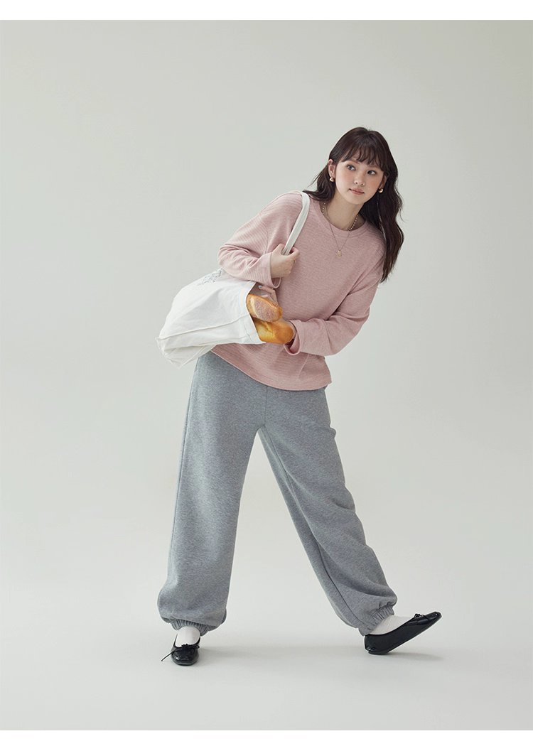 韓系藍線圓領長袖T恤女秋季新款簡約寬鬆上衣